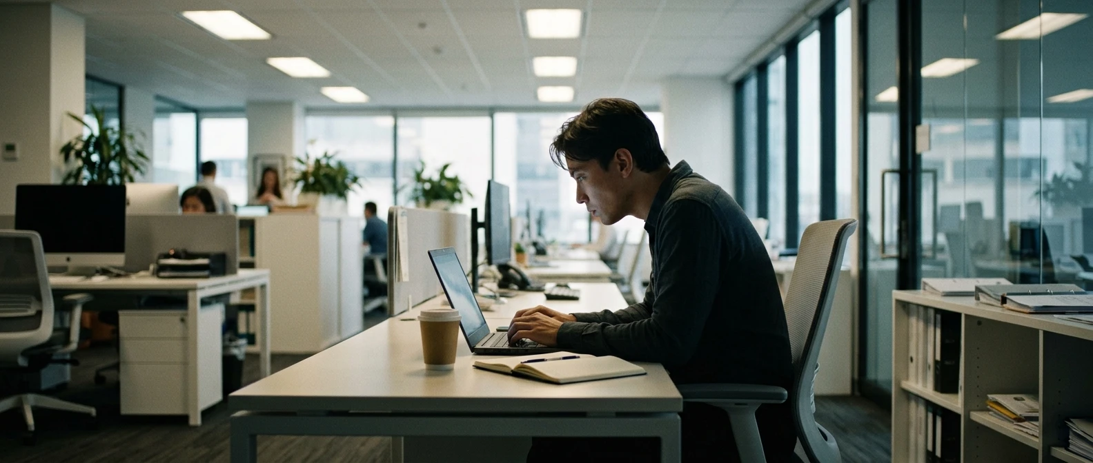 A person at a sleek office desk, shoulders rounded forward and chin jutting toward a laptop screen, framed from the side in soft overhead fluorescent light to show the hunched silhouett