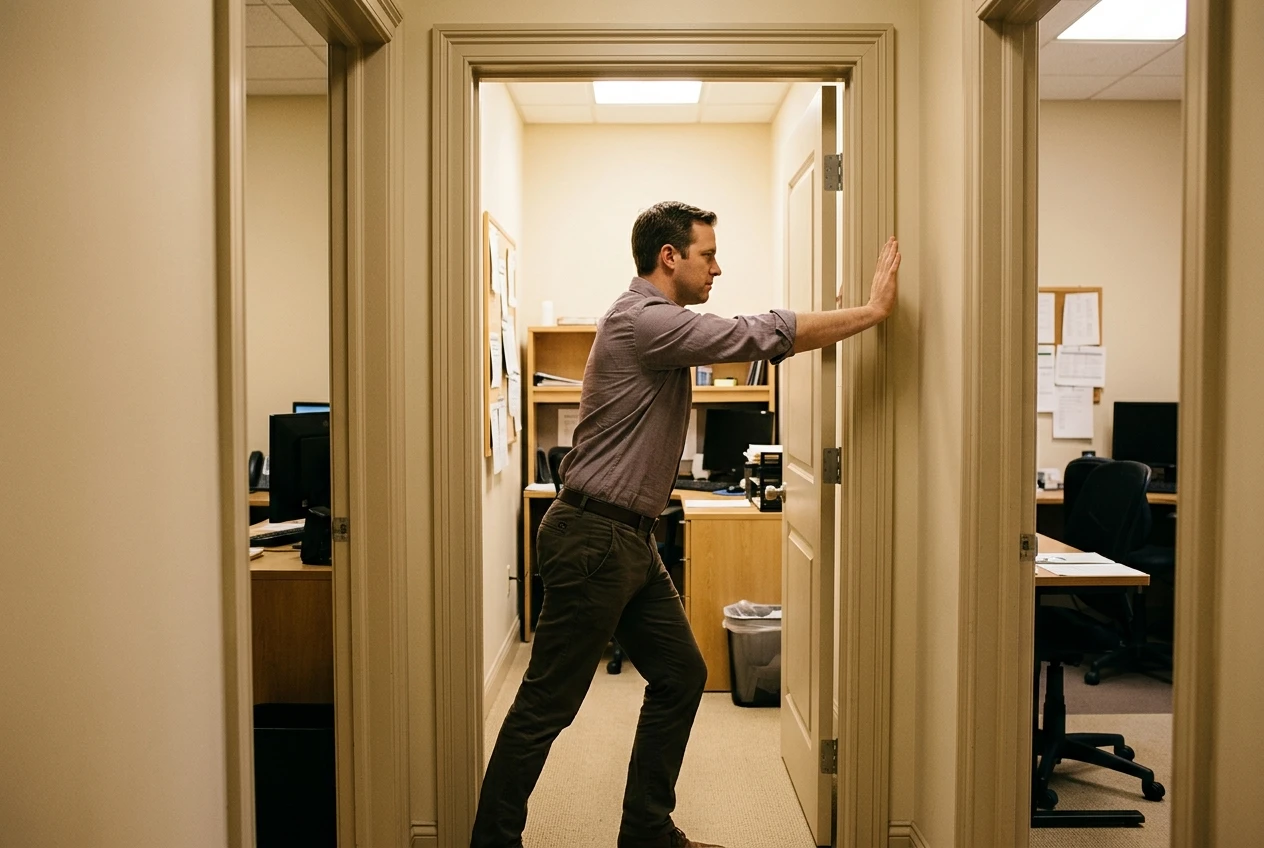 A person standing in an office doorway, forearm braced against the frame at shoulder height, torso leaning through the gap to stretch the chest, dressed in business casual clothes with warm interior light.