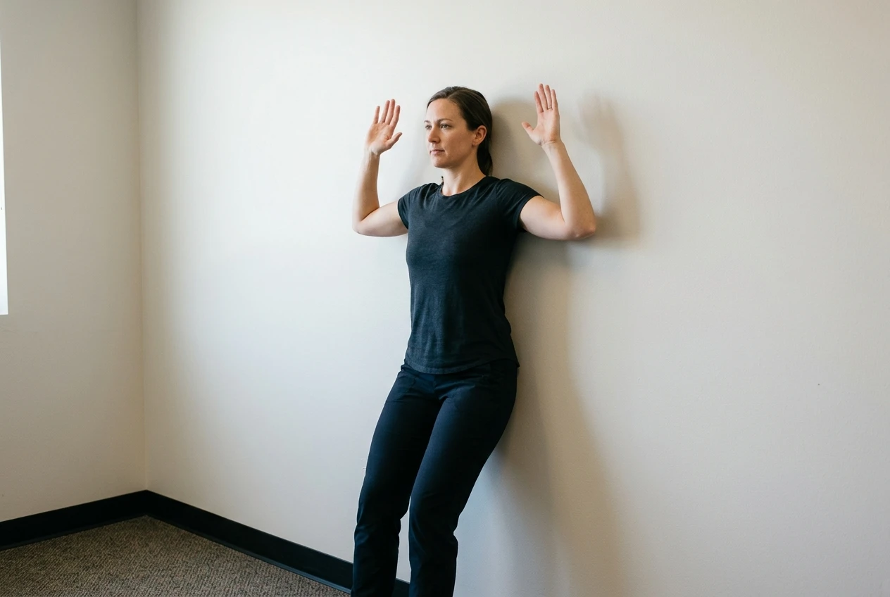 A person with their back flat against a plain office wall, arms bent in a goalpost shape sliding upward with forearms in contact with the wall, captured mid-motion near ear height where the elbows start lifting off.