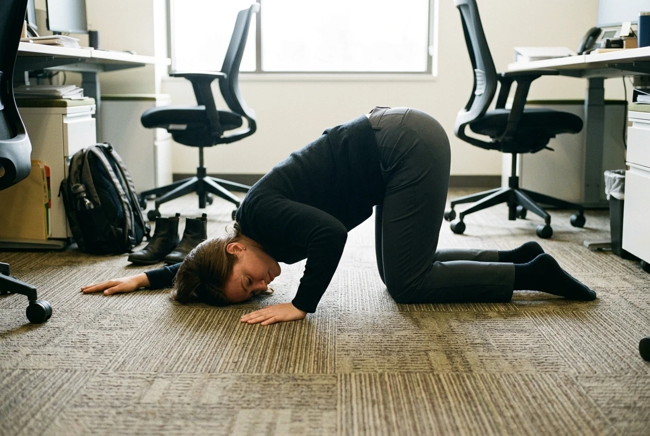 A person on hands and knees on an office carpet, one arm threaded under their torso with the shoulder and ear resting near the floor, upper back visibly rotated, soft daylight from a nearby window.