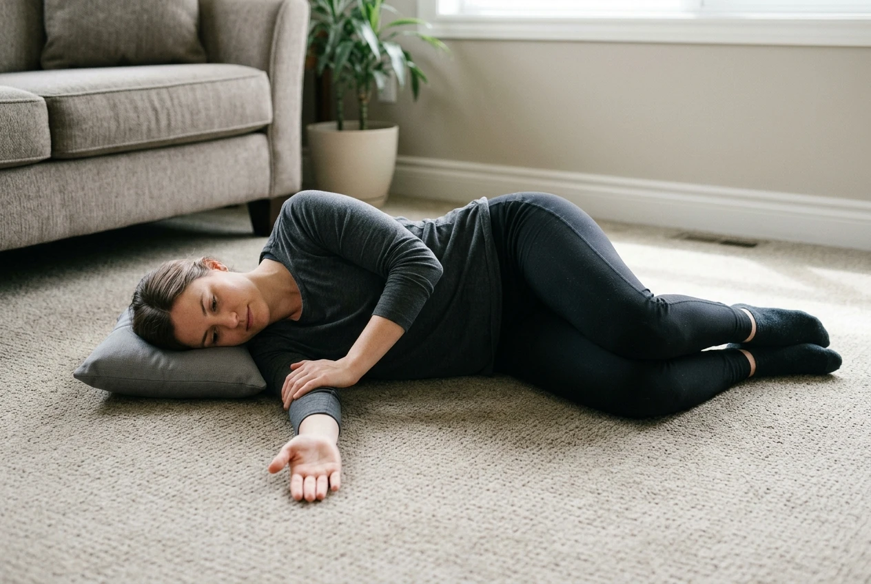 A person lying on their side on the floor, bottom arm bent at 90 degrees with the opposite hand gently pressing the forearm down toward the ground, calm quiet room with muted carpet tones.
