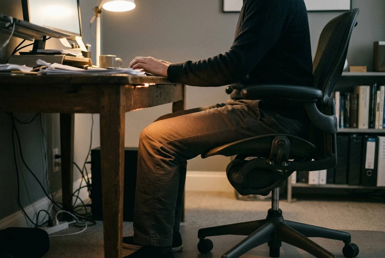 A side view of a person seated in an office chair at a desk with hips and knees bent near 90 degrees, while a soft warm lamp light falls on the thighs and lap. Neutral grey and wood