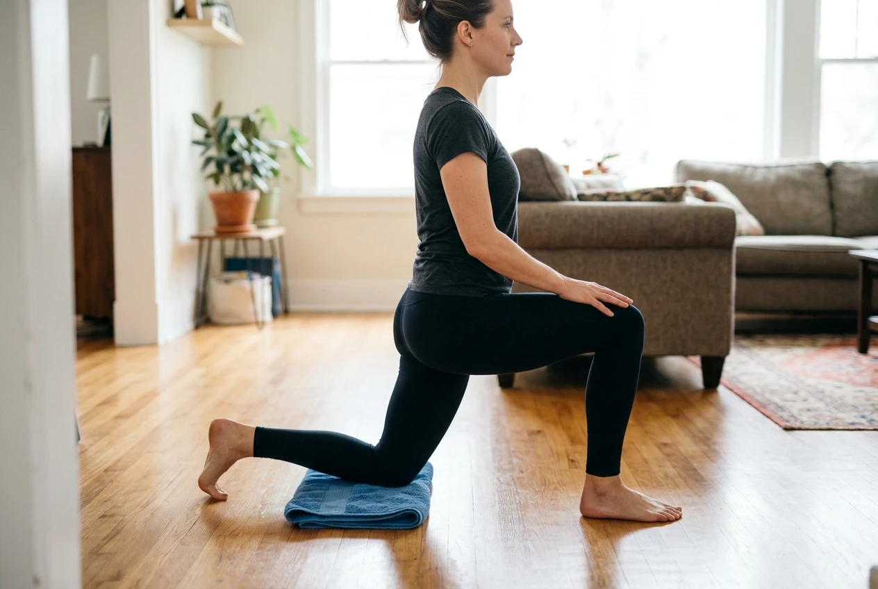 A person in the half-kneeling lunge on a folded towel on a wooden floor, shot from the side. The torso is upright, the pelvis is tucked, and the back-leg glute is engaged, with the front knee over the ankle. Bright, airy living room with soft daylight from a window.