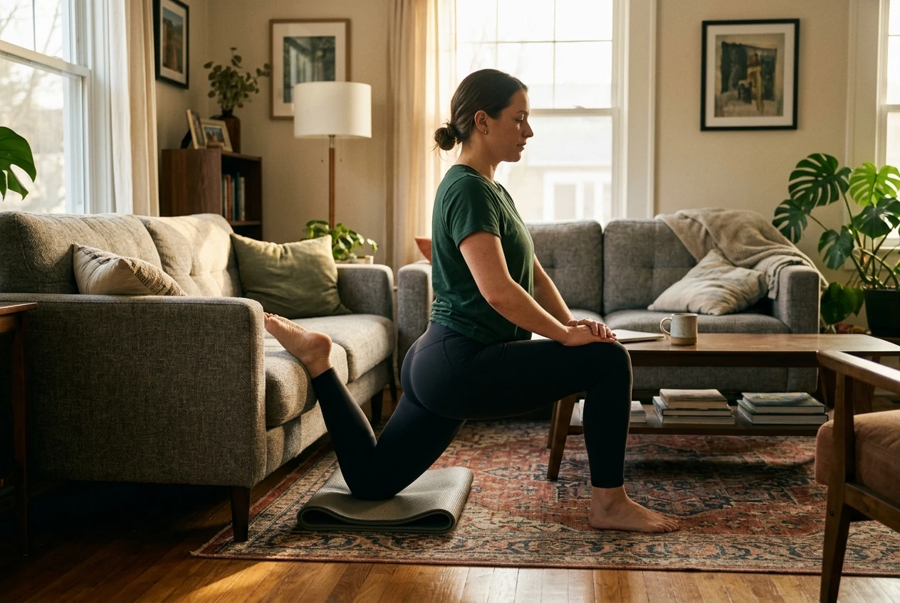 A person in the couch stretch, one knee on the floor and the back shin and foot resting up the side of a grey sofa, the other foot planted forward in a lunge, torso upright. Cozy living room in warm afternoon light.
