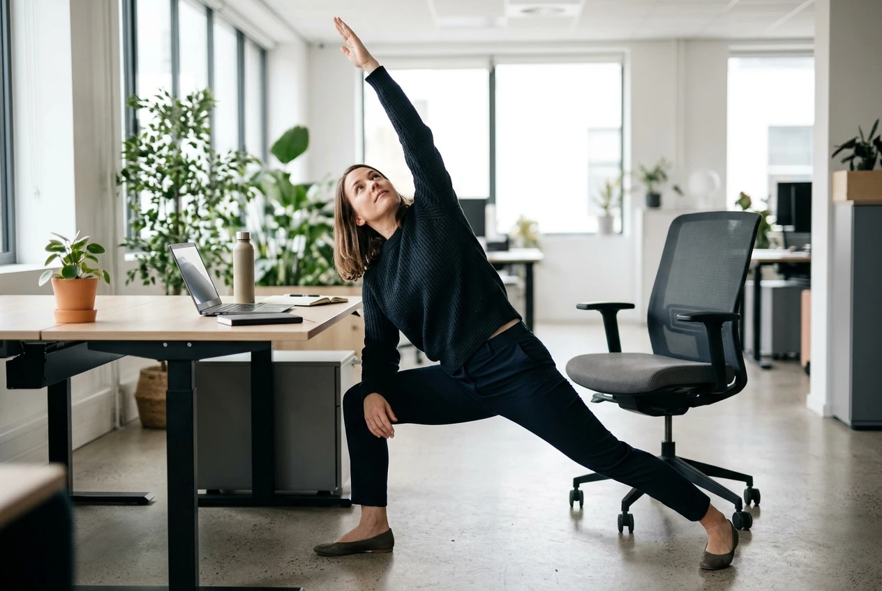A person in work clothes performing a standing lunge reach beside a desk in a bright office, back leg stretched behind, one arm reaching overhead, and a water bottle and a laptop in the background on the desk.